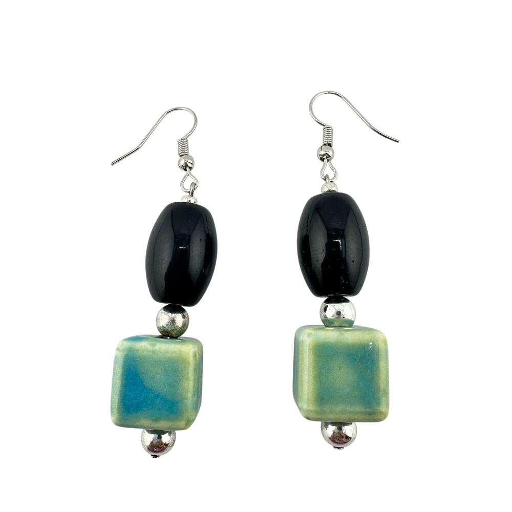 Handmade Teal Blue Ceramic Cube Black Glass Beaded Dangle Drop 2.5" Earrings